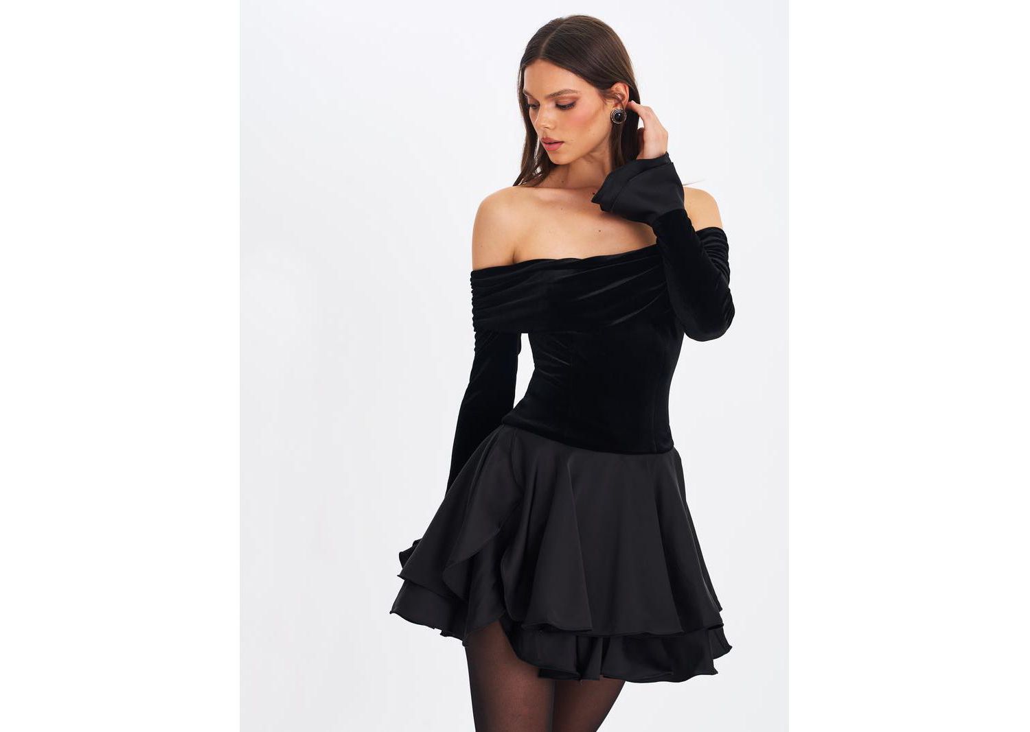 Women Magnolia Black Off-Shoulder Layered Satin Mini Dress