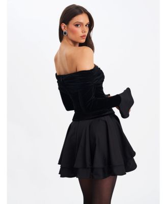 Women Magnolia Black Off-Shoulder Layered Satin Mini Dress