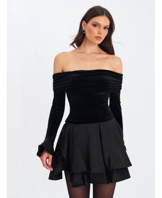 Women Magnolia Black Off-Shoulder Layered Satin Mini Dress