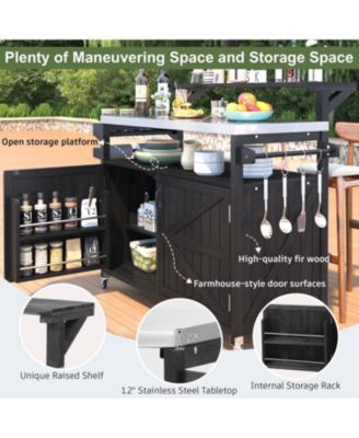 Outdoor Kitchen Island, Wood Cabinet, Stainless Top, Rolling Grill Cart - Black