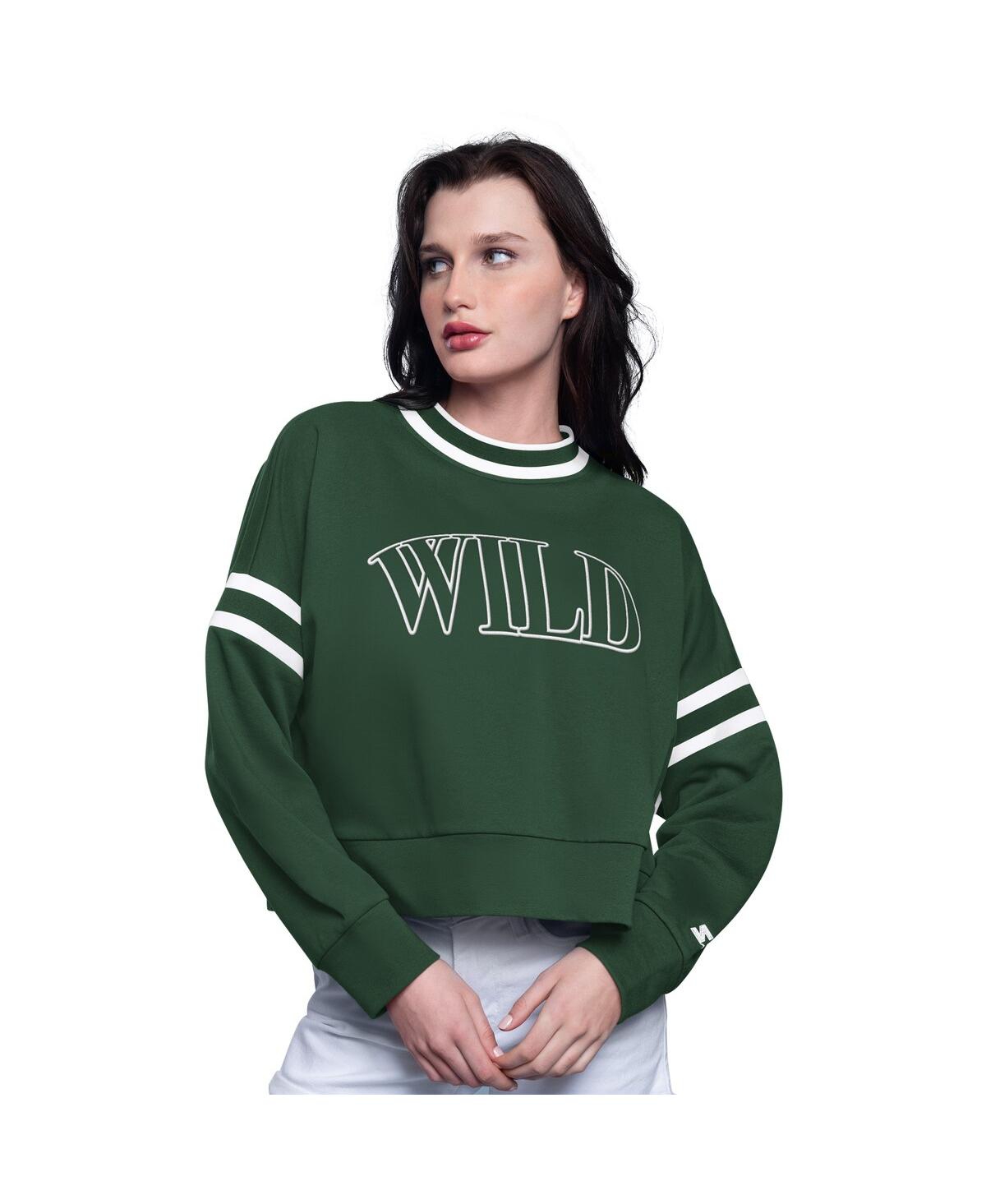 Starter Women'sâ Green Minnesota Wild Power Play Cropped Pullover Sweatshirt In Green