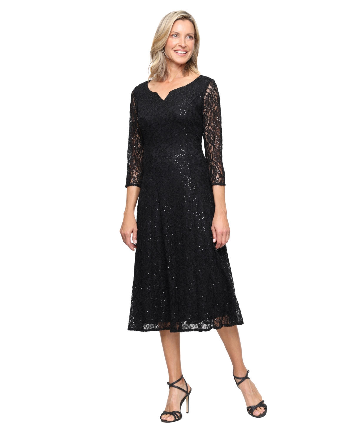 Sl Fashions Women's Sweetheart Neck Tea Length Sequin Lace Dress In Black