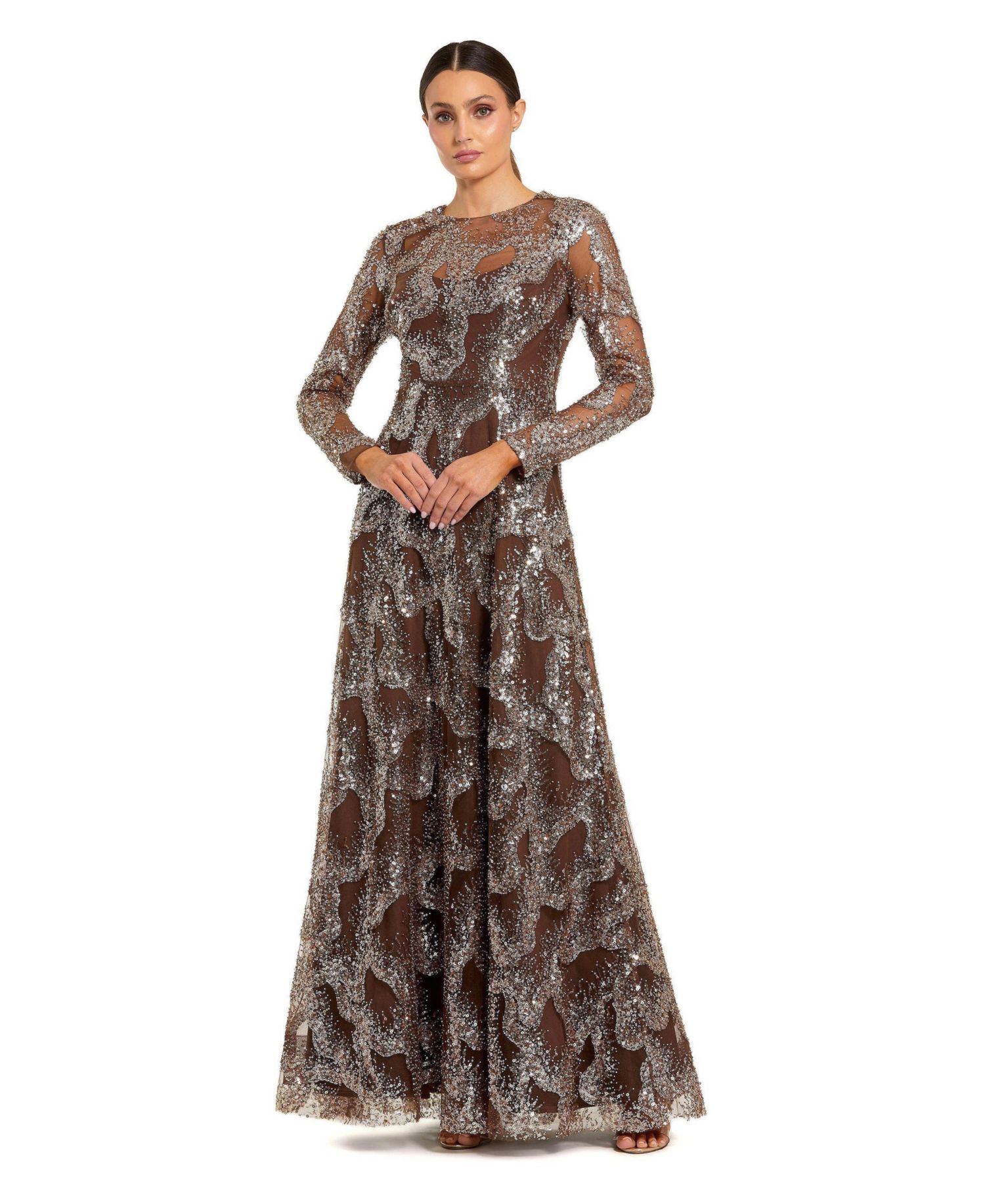 Women's Embellished Mesh Long Sleeve High Neck Gown
