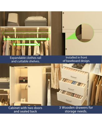 10-Foot Closet System with 3 Drawers, 120-Inch Walk-In Closet Organizer with Shelving Towers and Hanging Rods