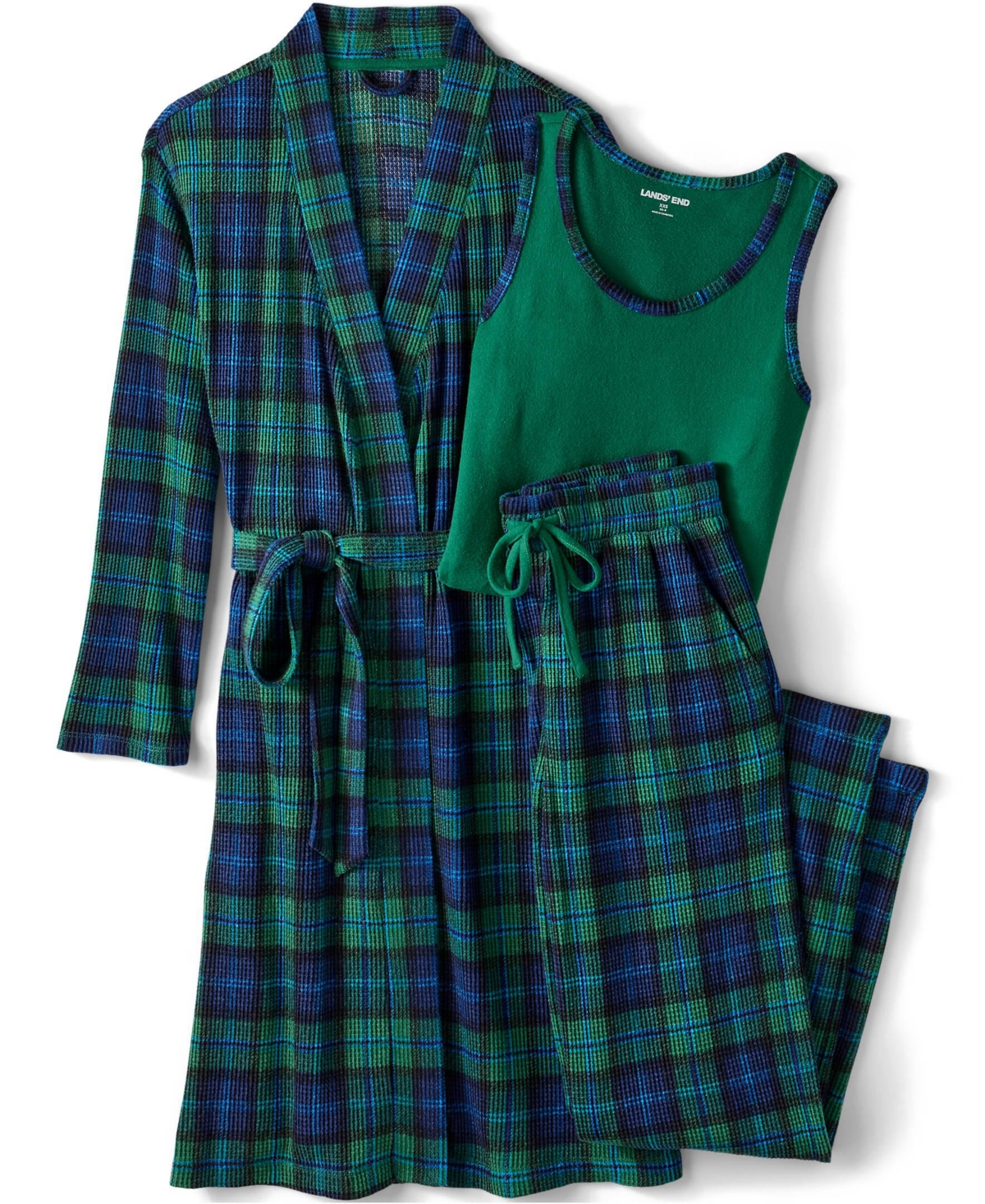 Lands' End Plus Brushed Cozy Waffle Jersey 3 Piece Pajama Set - Tank Top Pant and Robe
