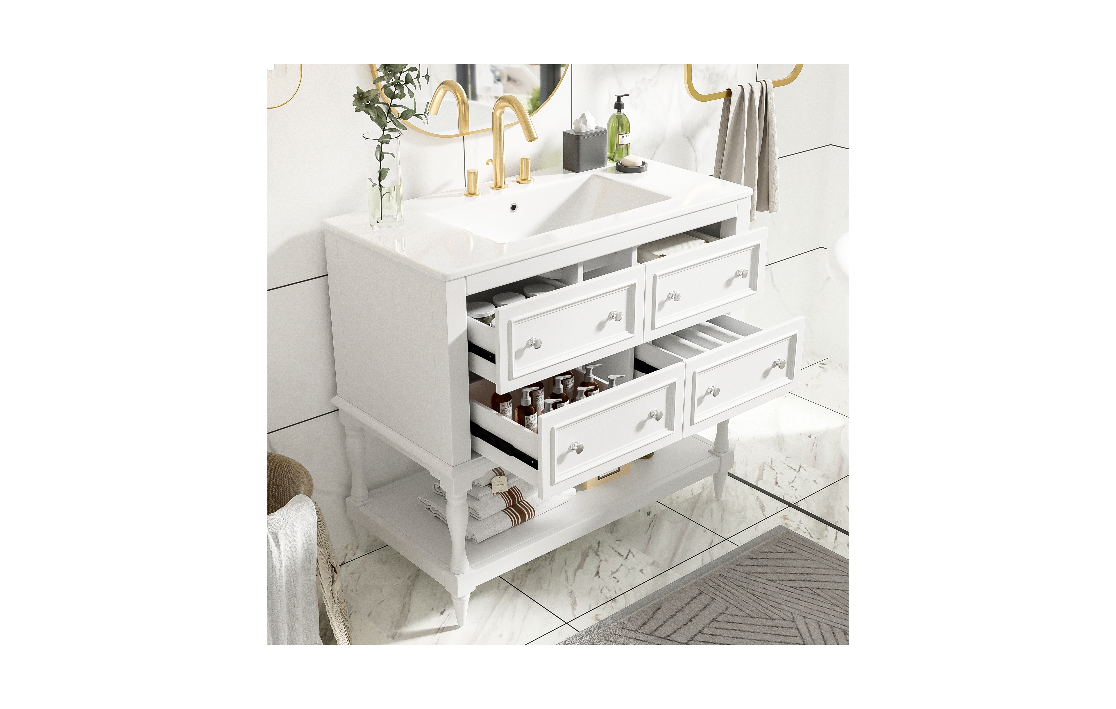 36inch Bathroom Vanity Cabinet with 4 Drawers Solid Wood Frame Bathroom Cabinet White