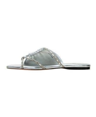 LANE2  Women's Crystal Adorned Asymmetric Leather Sandal