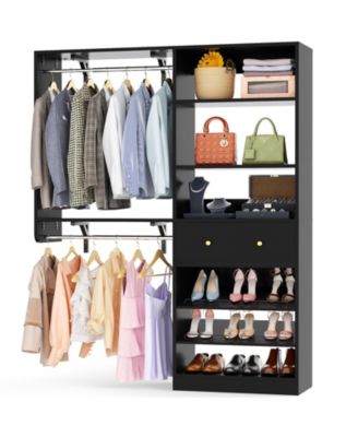 Closet System with Drawer, 5FT Closet Organizer System with 2 Hanging Rods and Adjustable Shelf, Reversible
