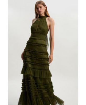 Women's Tulle Layered Halter Neck Maxi Dress