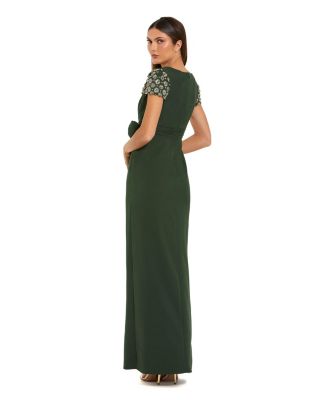 Women's Beaded Cap Sleeve Crepe Gown With Bow and Slit