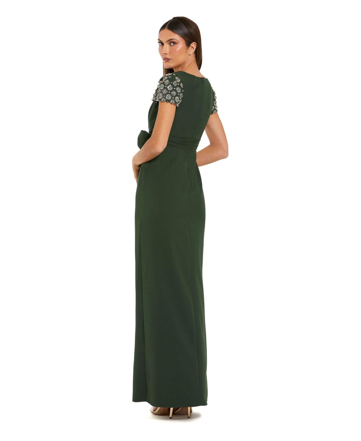 Women's Beaded Cap Sleeve Crepe Gown With Bow and Slit
