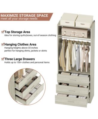 Freestanding 2FT Closet System with 3 Wooden Drawers, 24'' Closet Organizer System with Hanging Rod & Shelves