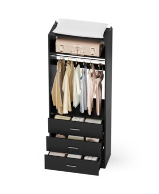 Freestanding 2FT Closet System with 3 Wooden Drawers, 24'' Closet Organizer System with Hanging Rod & Shelves
