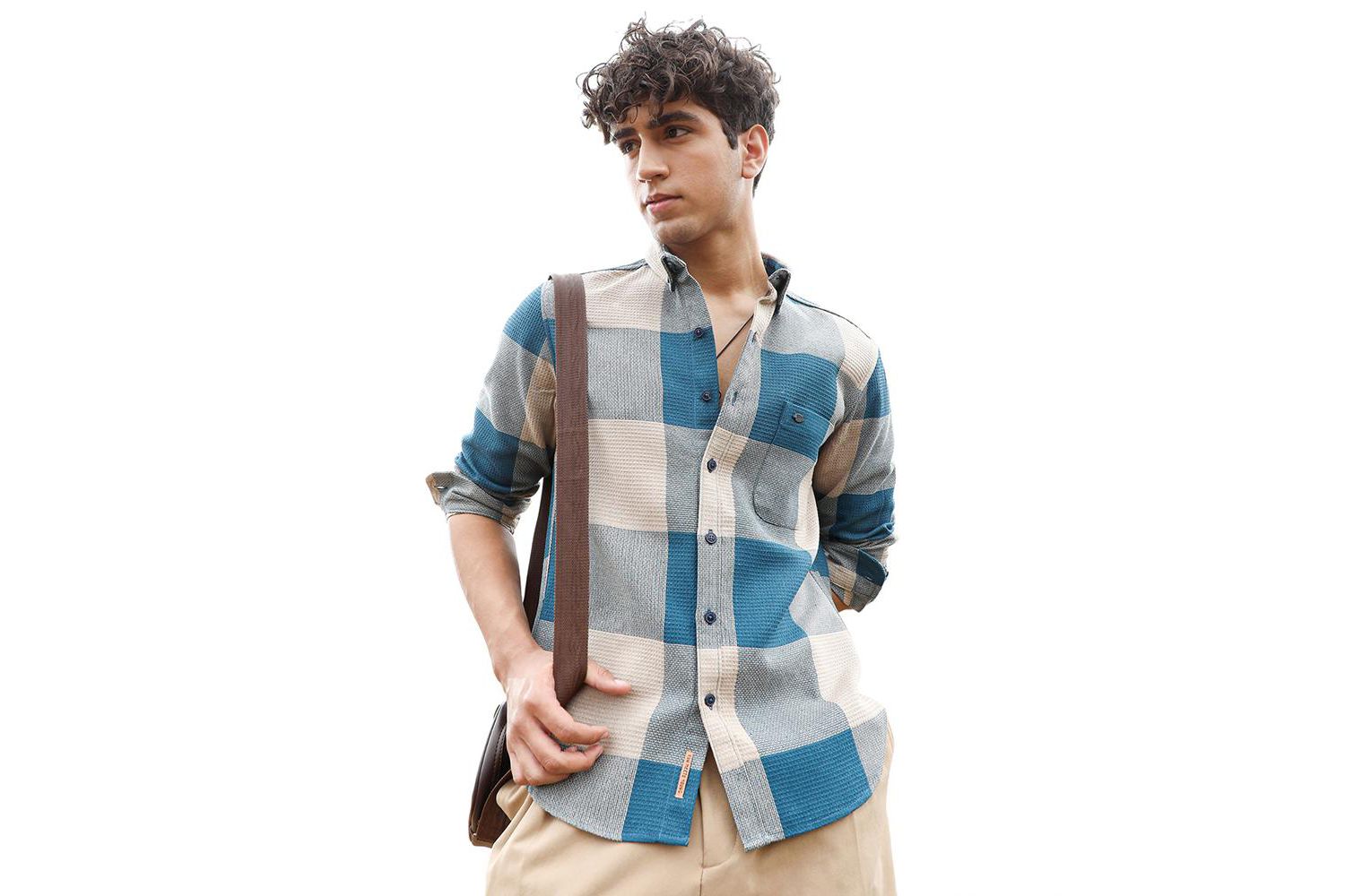 Men's Azure Blue & Off-White Buffalo-Woven Regular Shirt