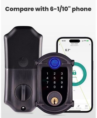 Keyless-Entry Deadbolt Smart Lock with Fingerprint, Keypad, Key Fob, Smartphone Bluetooth Control, Auto-Lock, IP56 Waterproof