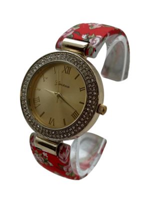 Red Floral Printed Soft Band Bangle Women Watch