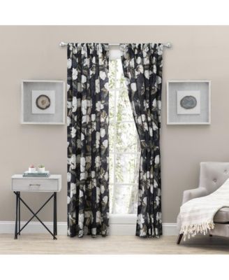 Magnolia Lined 3" Rod Pocket Curtain Panel Pair with Tiebacks 100" x 63" Black