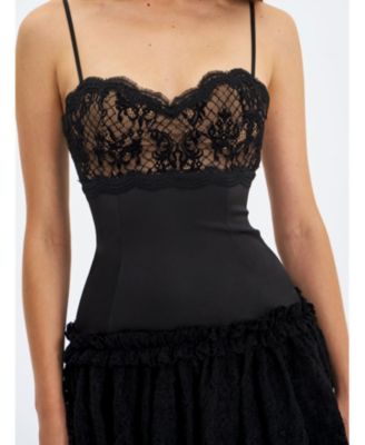 Women's Umra Black Contrast Lace Sweetheart Gathered Mini Dress