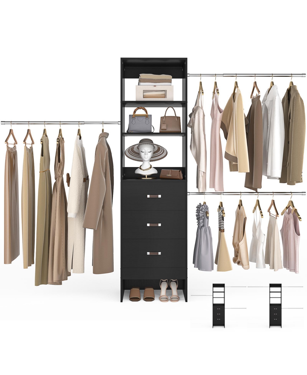 Aheaplus 5-8FT Adjustable Closet Organizer System with 3 Drawers & Hanging Rods, Clothes Rack for Organization