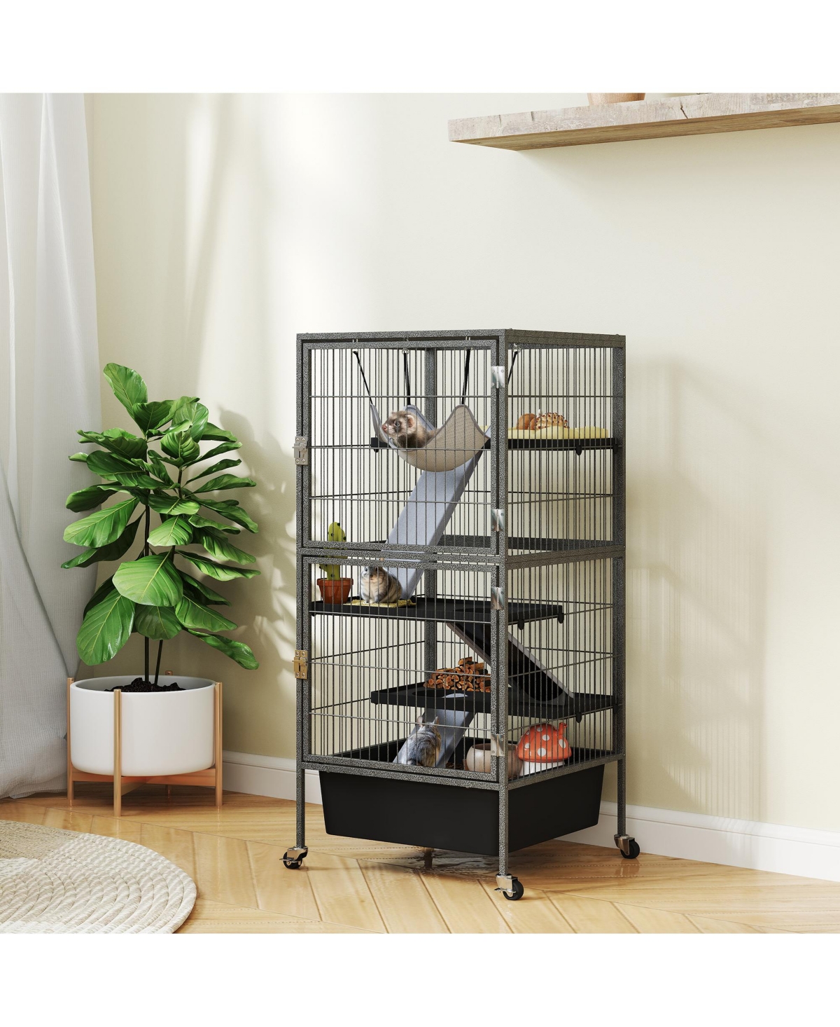 PawHut 45" Small Animal Cage, 4-Tier Rolling Ferret Chinchilla Cage,