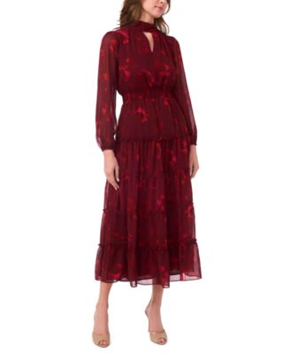 MSK - Women's Long-Sleeve Keyhole Mock Neck Tiered Maxi Dress