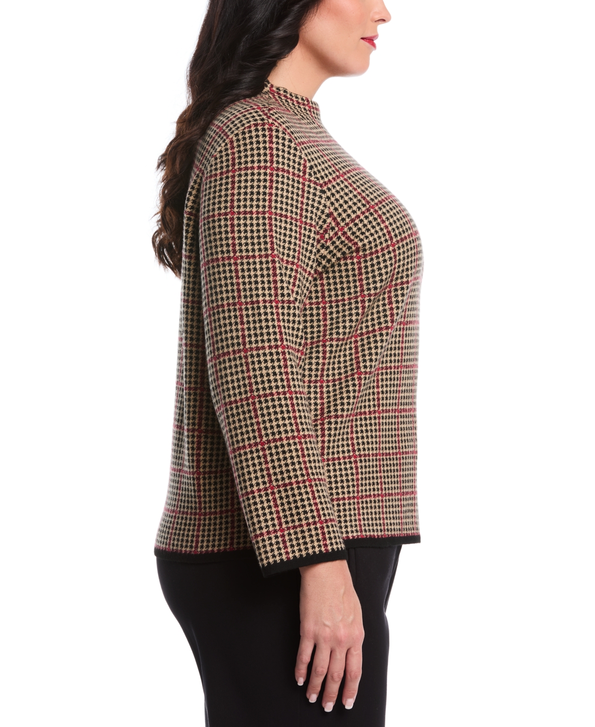 Rafaella Women's Plus Plaid Print Mock Neck Long Sleeve Sweater