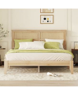 Queen Upholstered Bed Frame with Rattan Headboard and Support Feet, Wooden Frame Queen Size Platform Bed, No Box Spring Needed
