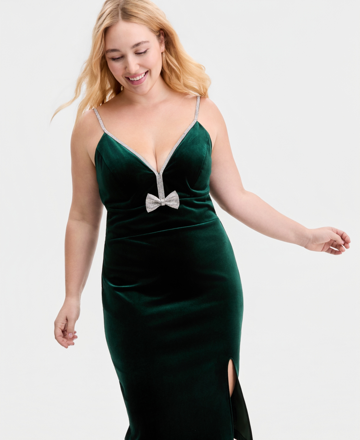 pear culture Trendy Plus Rhinestone Bow Velvet Midi Dress