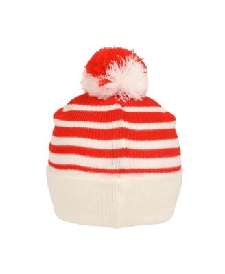 Men's Pokeball Plush Pom, Red And White Stripes Cuff Beanie