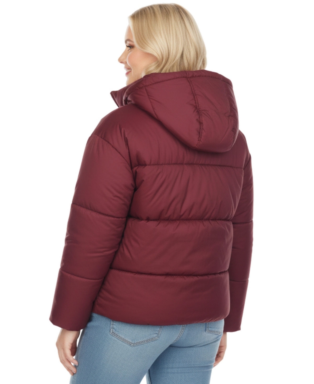 White Mark Plus Size Quilted Puffer Crop Jacket With Hood In Red