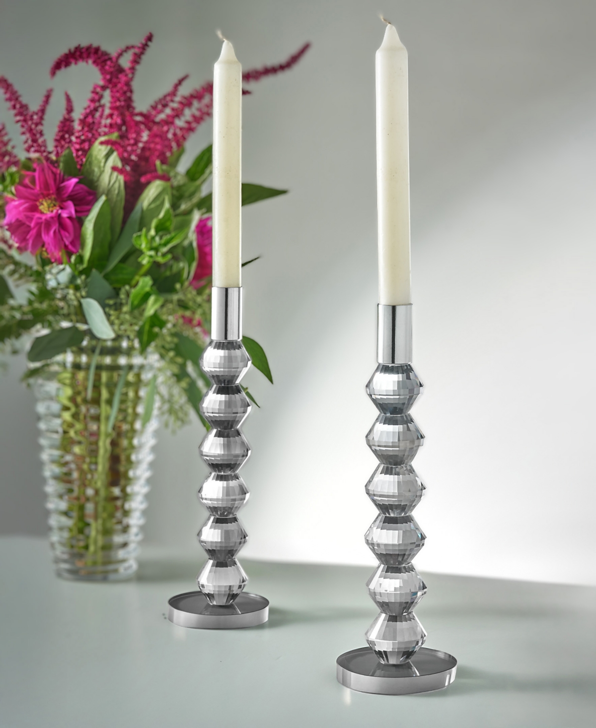Philip Whitney Reed Clear Candlesticks, Set Of 2 In Gray
