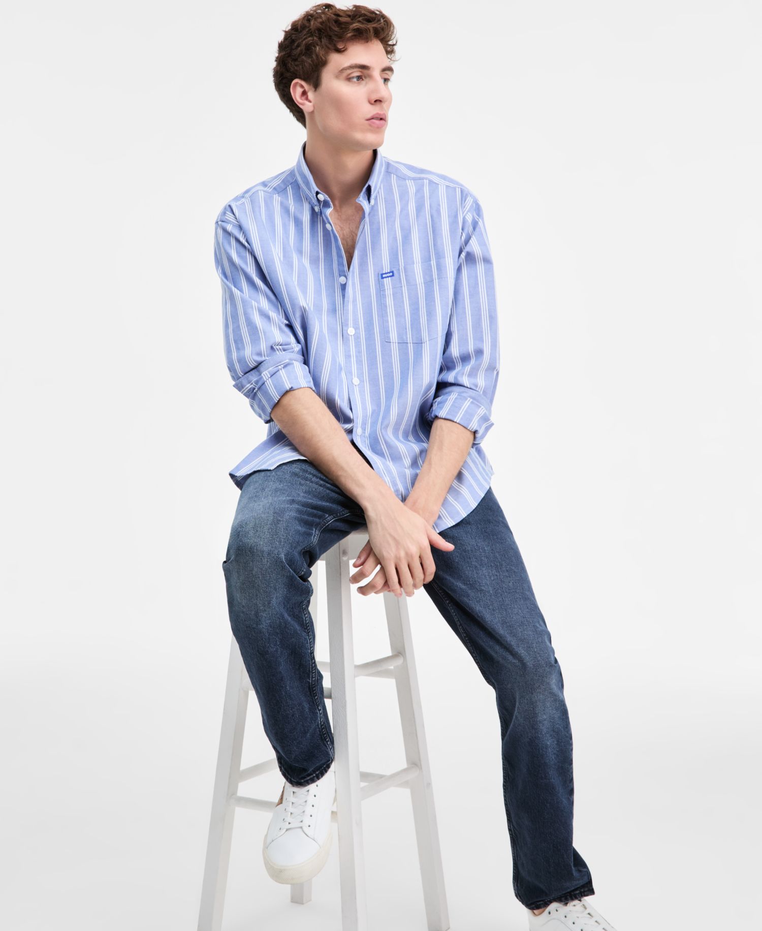 HUGO by Men's Ebill Cotton Long-Sleeve Striped Oxford Shirt