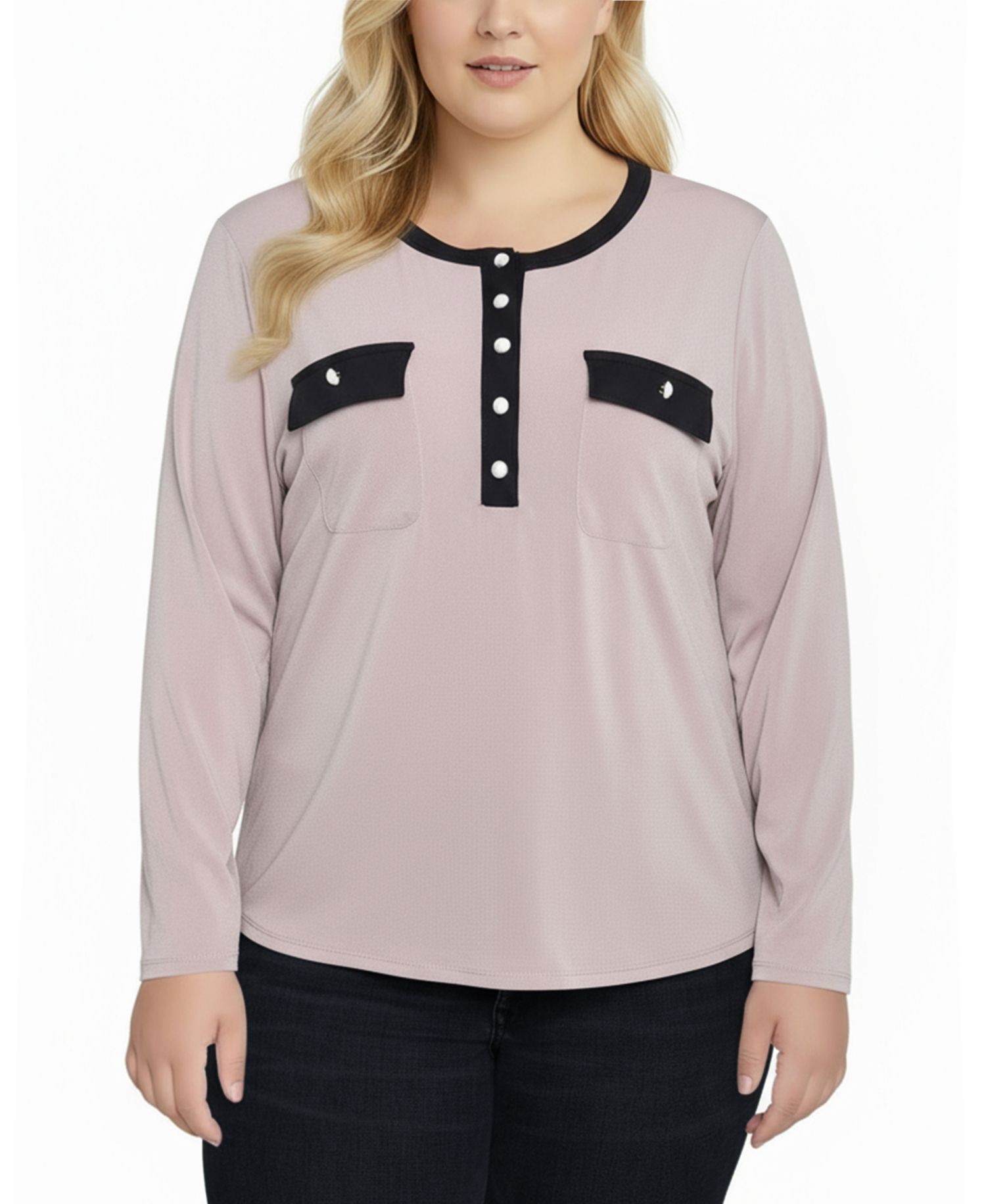 Petite Long Sleeve Contrast Detail Top