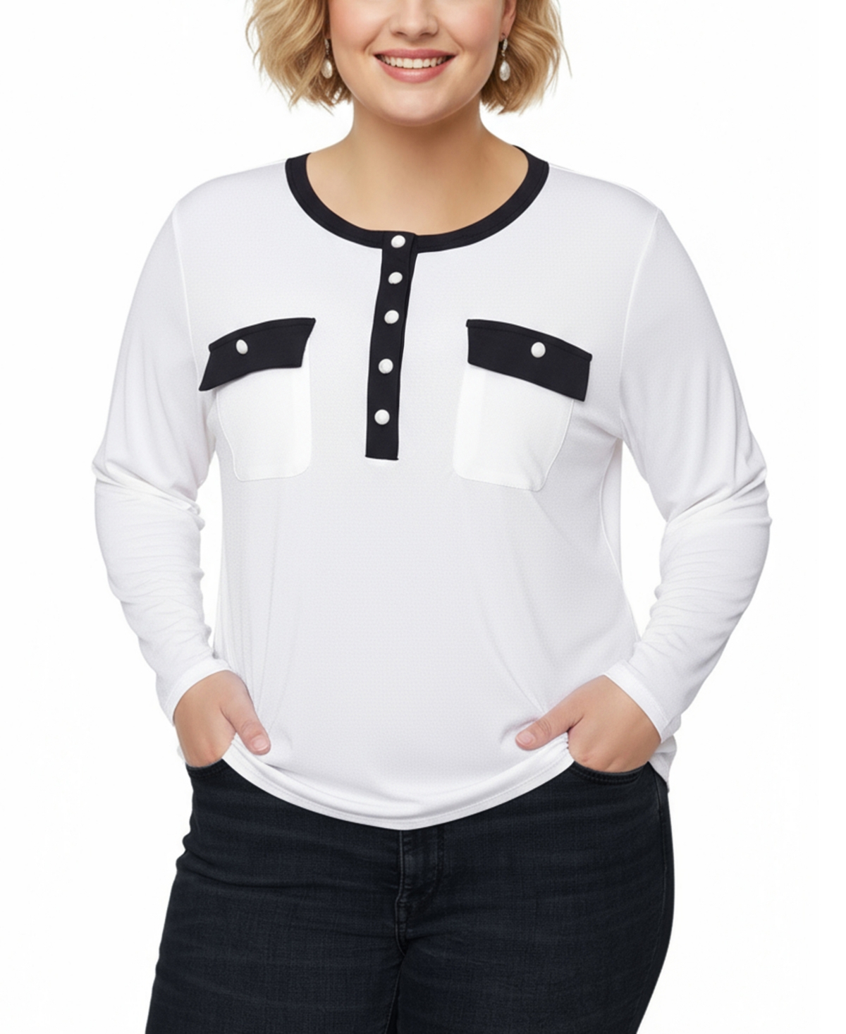 Ny Collection Women's Plus Size Long Sleeve Contrast Detail Top In Multi