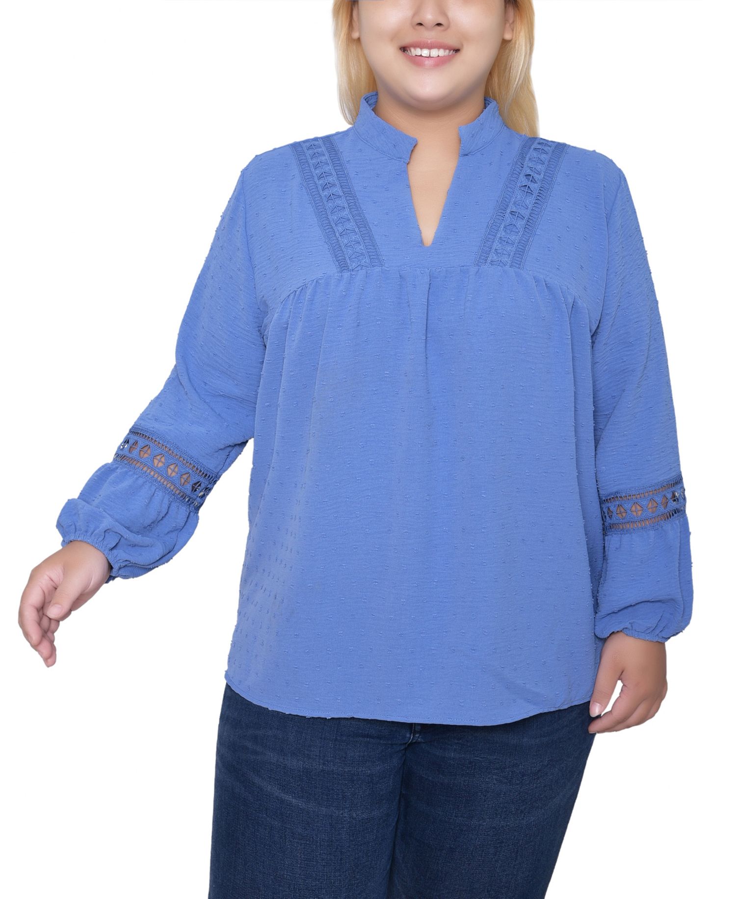 Women's Plus Size Crochet Trim Long Sleeve Blouse Top