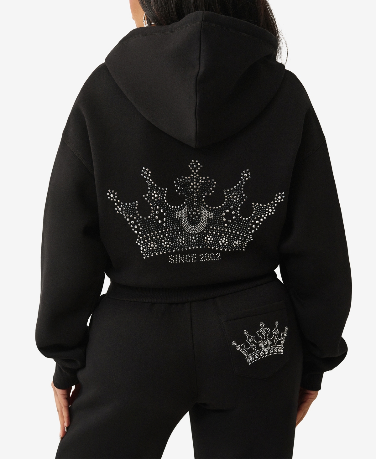 True Religion Rhinestone Logo Crop Hoodie In Black