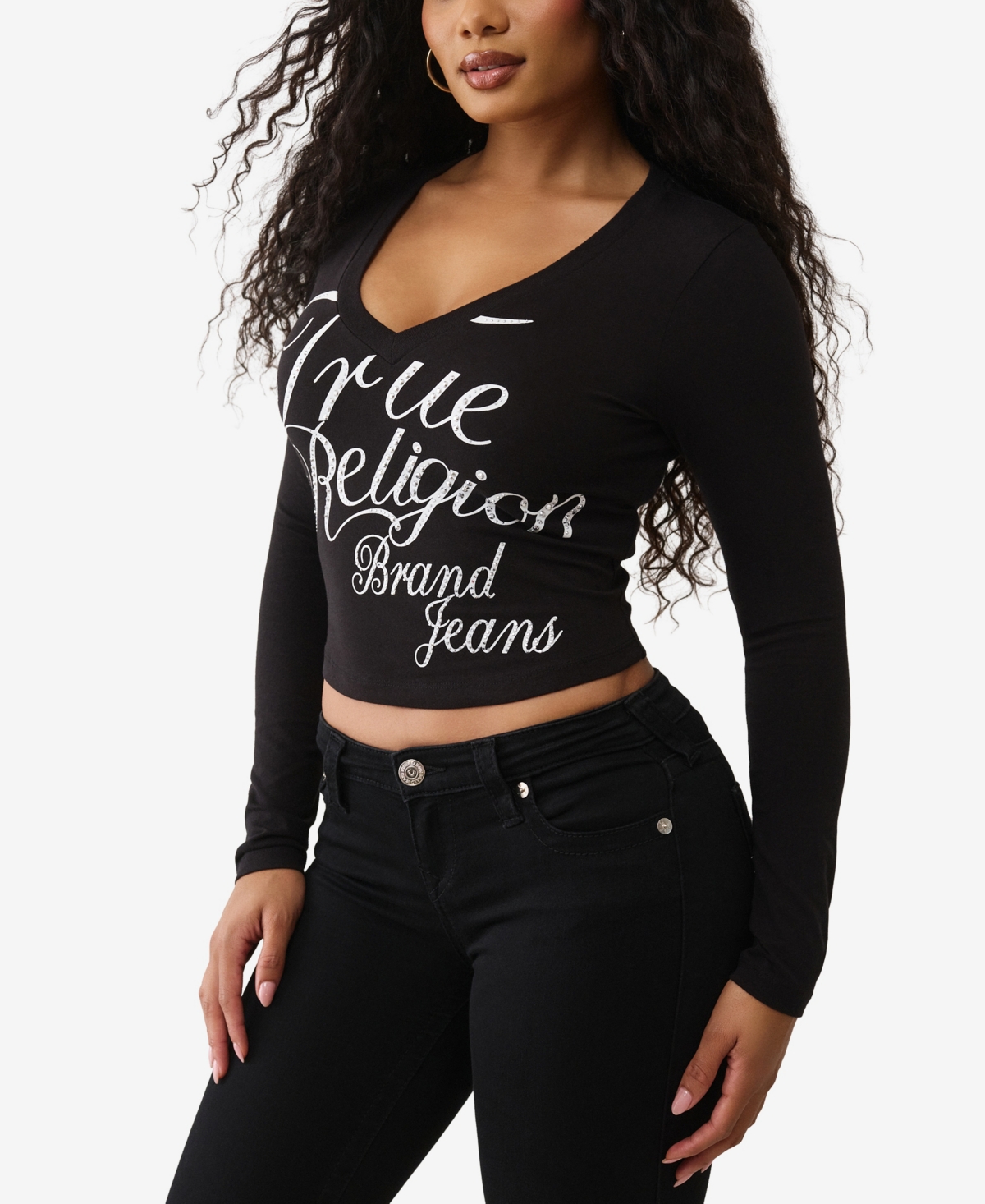 True Religion Women's Crystal Branded V Neck Baby T-shirt In Black