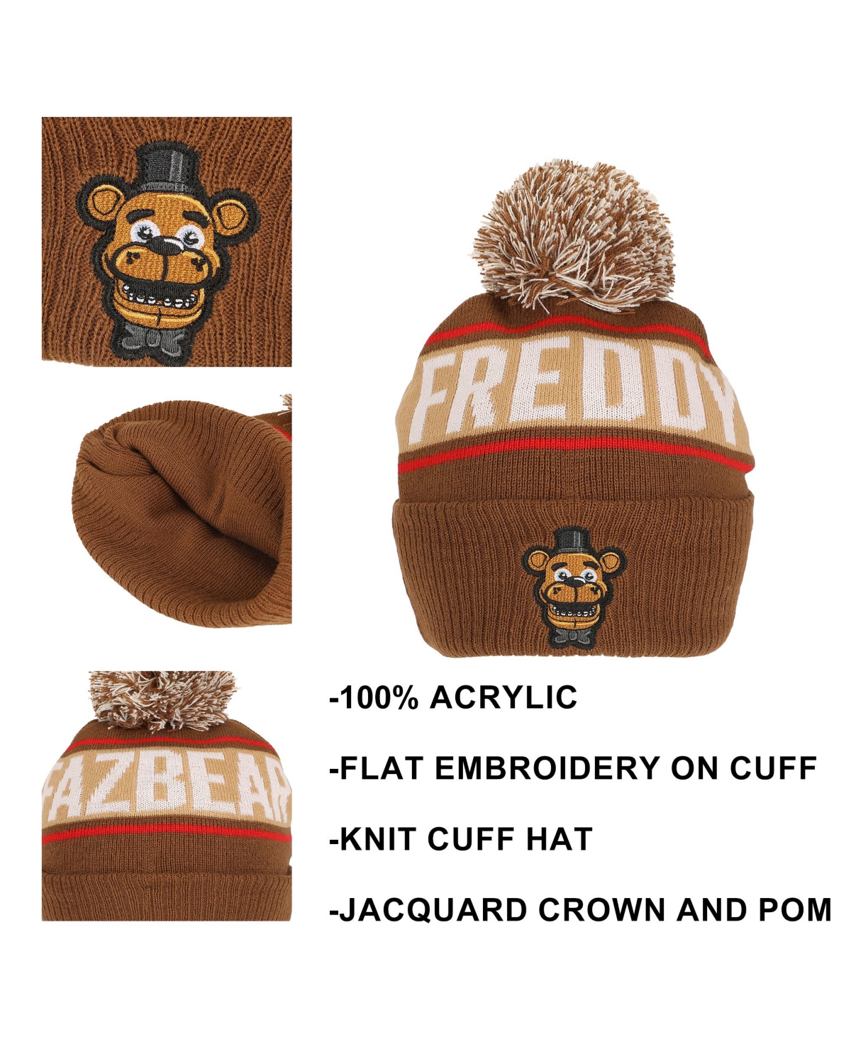 Five Nights At Freddy'S Men's Freddy Fazbear Fuzzy Jaquard And Freddy Embroidery Knit Cuff Beanie With Pom Cuff Beanie