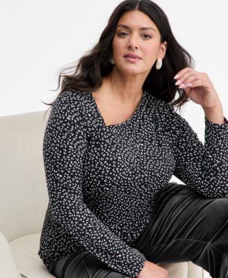 Plus Size Asymmetric-Neck Long-Sleeve Top