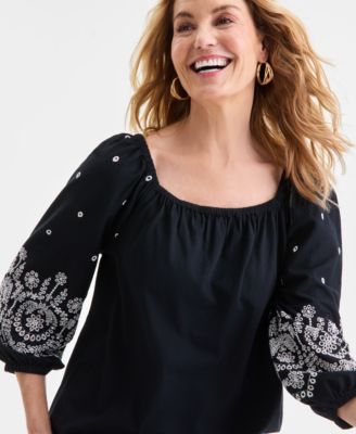Women's Square-Neck Embroidered Knit Top, Macy's Exclusive