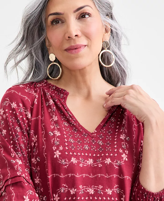 Women's Printed Split-Neck Smocked Knit Top - thumbnail 3