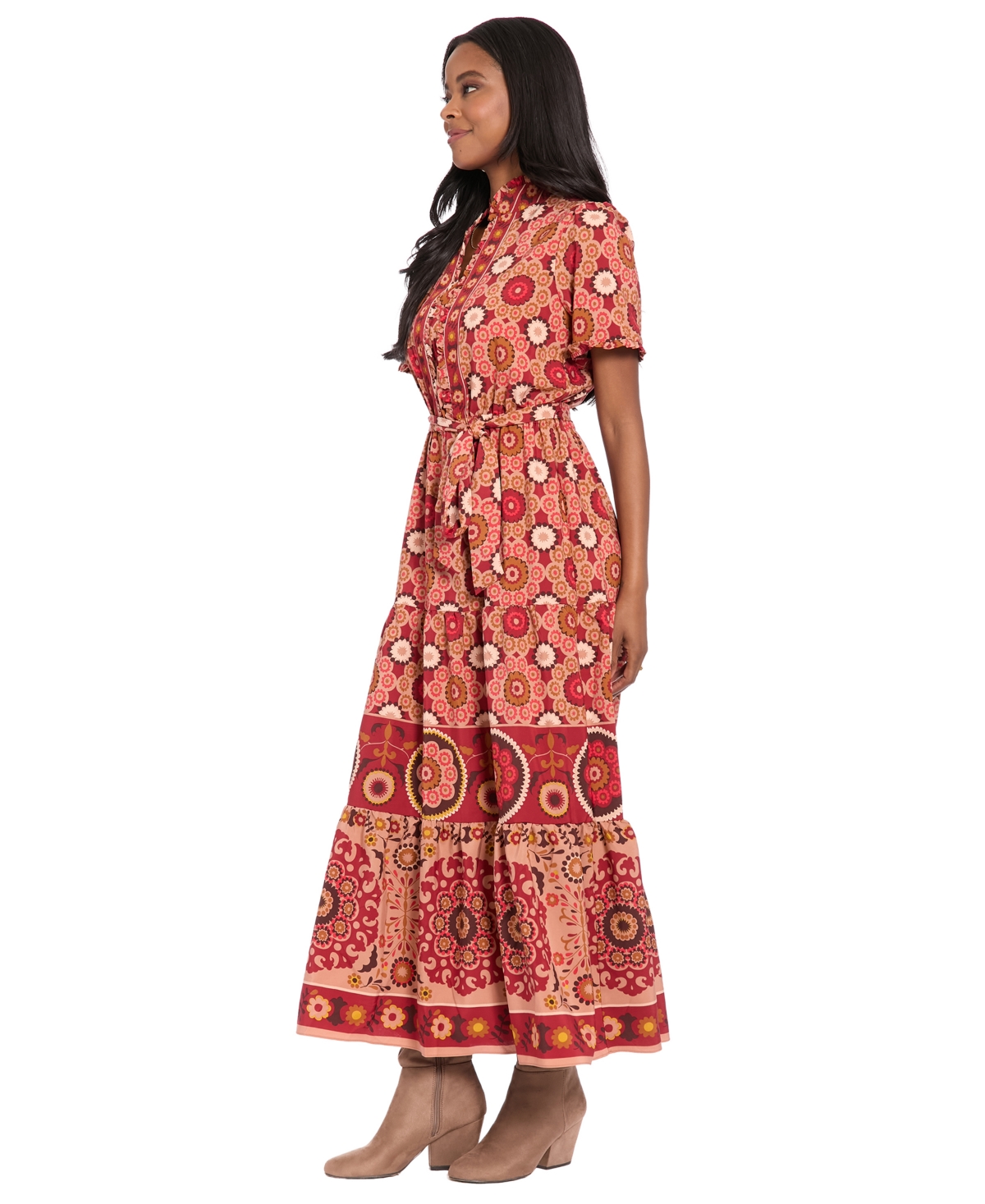 London Times Women's Ruffle Neck Tiered Maxi Dress