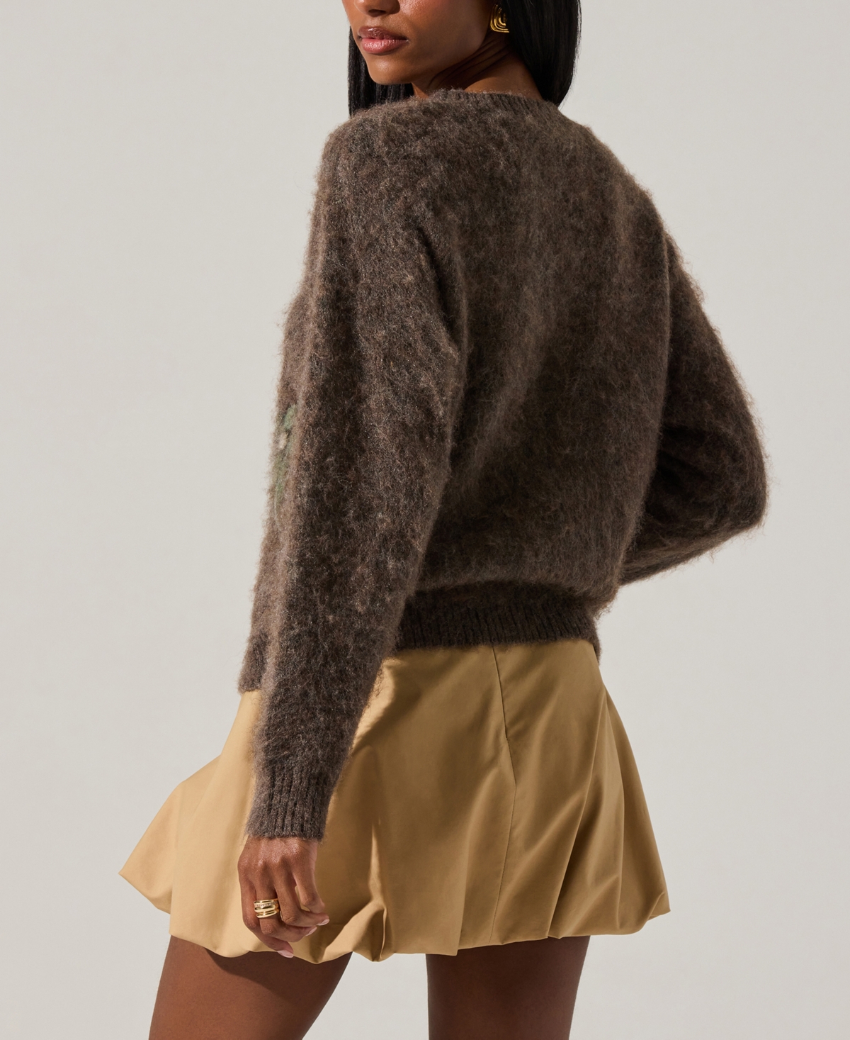 Astr The Label Conetta Floral Fuzzy Sweater In Brown
