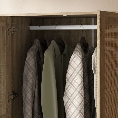 1 Pc Wood Wardrobe 3 Drawers Rattan Doors Hanging Rod Bedroom Armoire Closet Organizer
