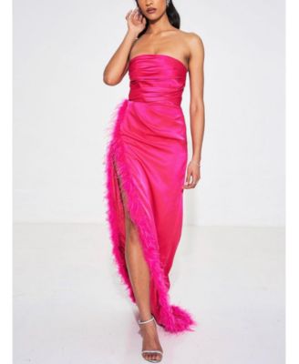 Women's Perrin Fuchsia Pink Feather Dress High Slit Gown