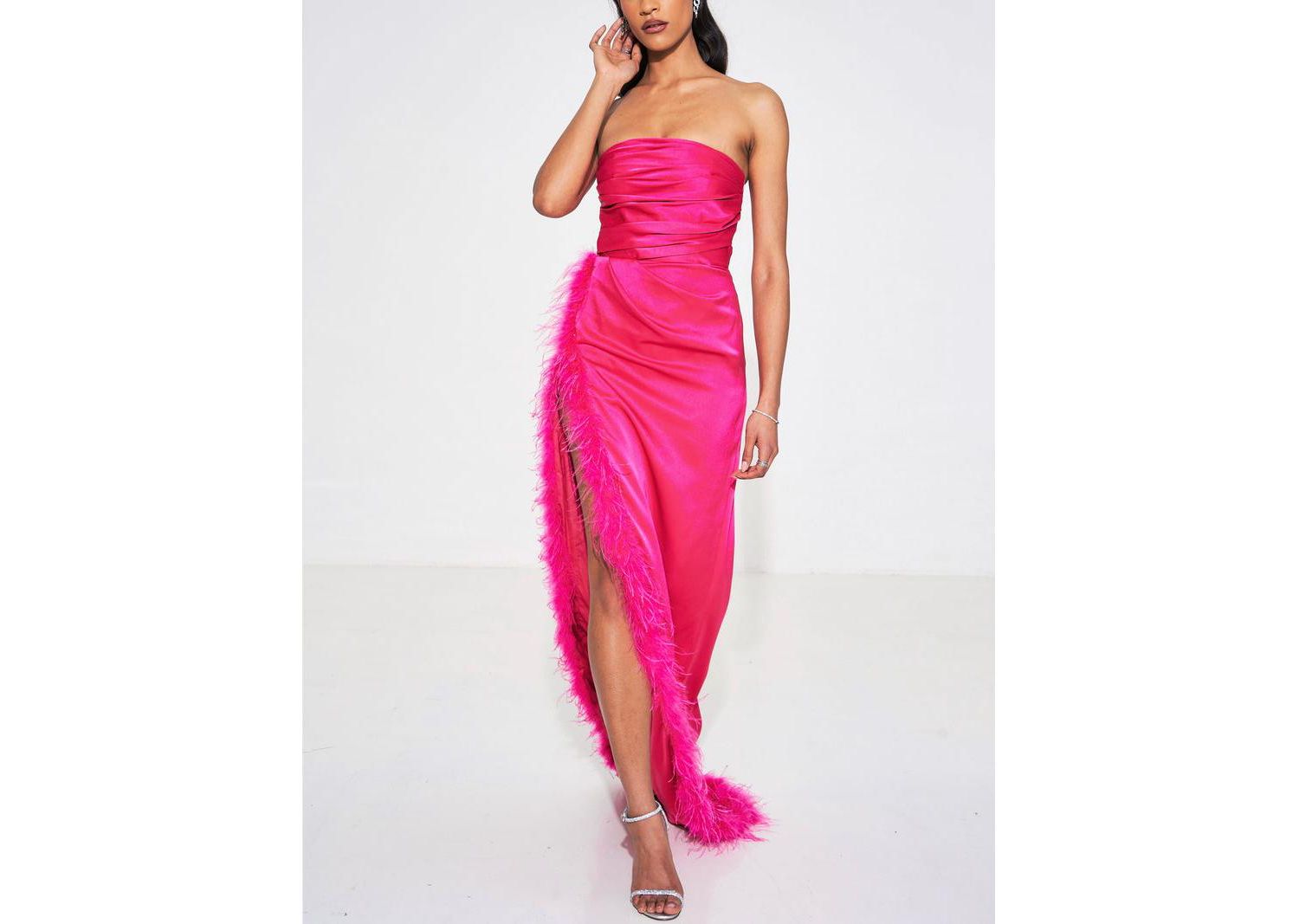Women's Perrin Fuchsia Pink Feather Dress High Slit Gown