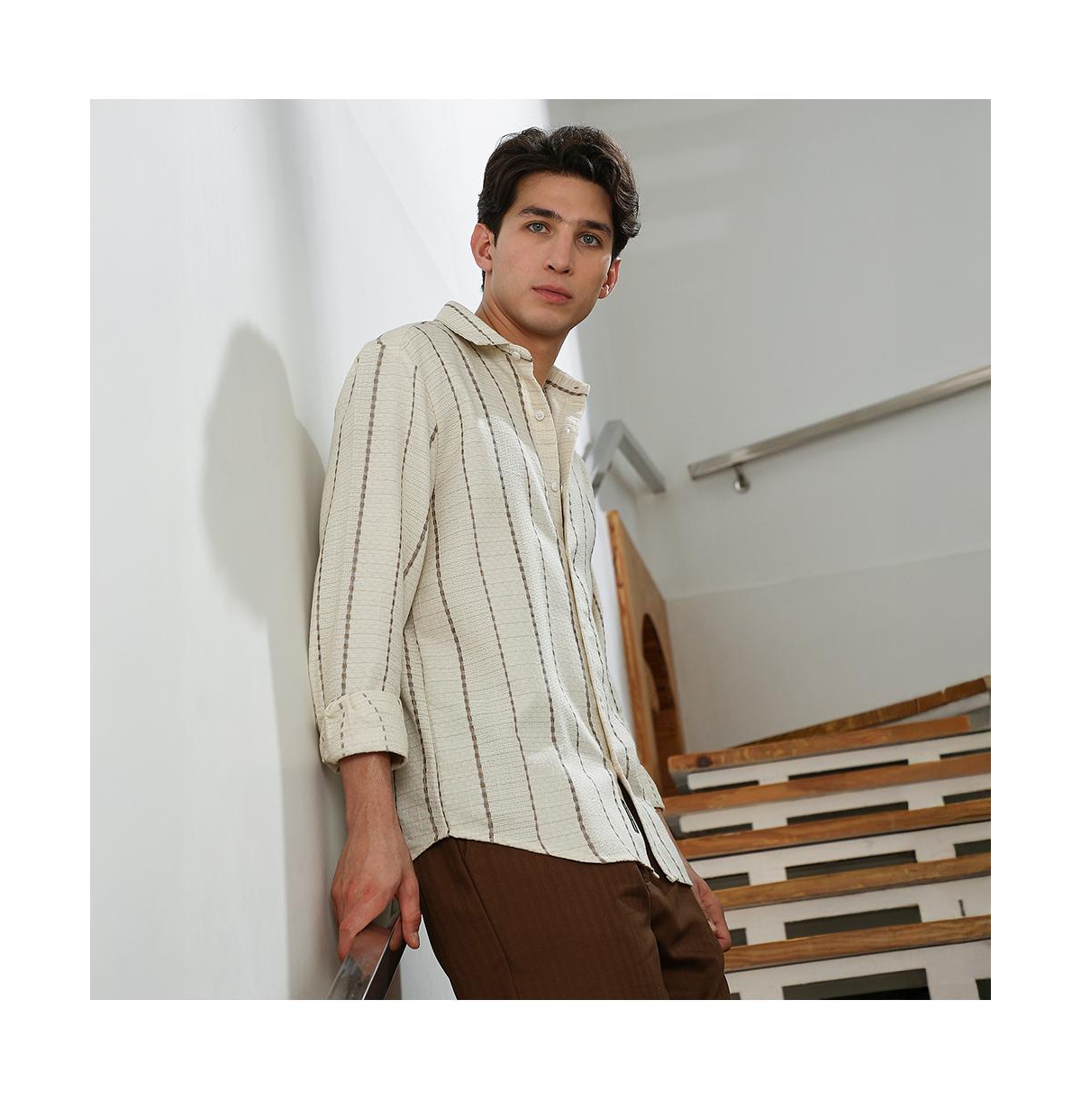 Campus Sutra Men's Textured Striped Cotton-Polyester Blend Shirt
