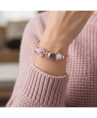 Live Love Laugh Support Breast Cancer Survivor Pink Ribbon Multi Bead Charm Leather Bracelet Sterling Silver Barrel Clasp