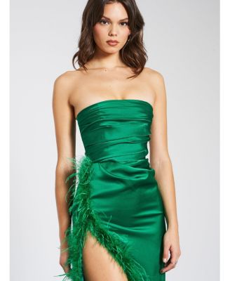 Women's Perrin Emerald Green Feather Dress High Slit Gown