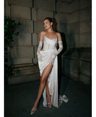 Women Callie Pearl White Lace Satin Corset High Slit Gown